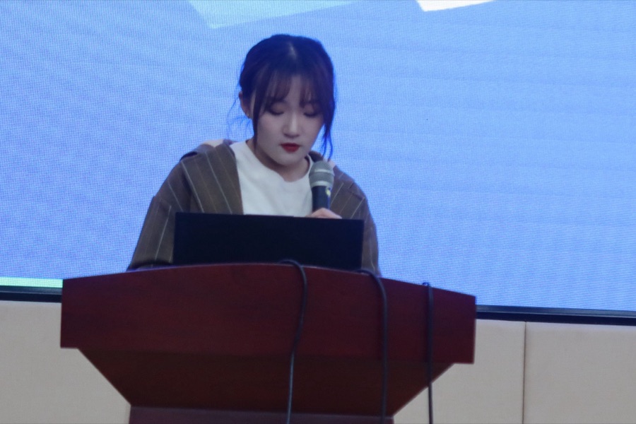 Giving a presentation at a podium
