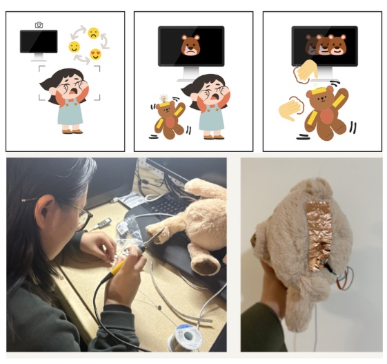 EMMO concept storyboard: a camera detects a crying child, a teddy bear on screen and in hand mirrors the emotion, and the child calms the bear by touch; below, the author soldering the prototype and the plush bear with a copper touch sensor