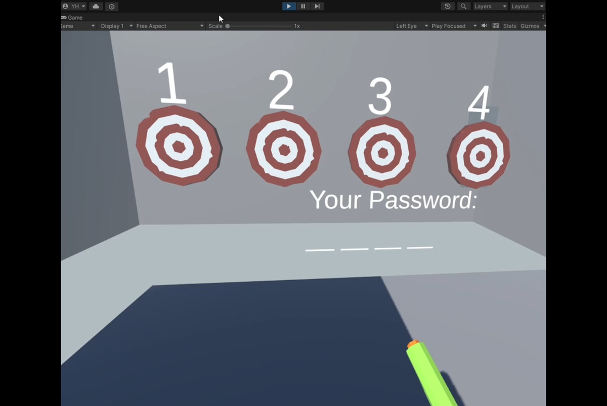 Unity VR prototype: four numbered shooting targets used to enter a password