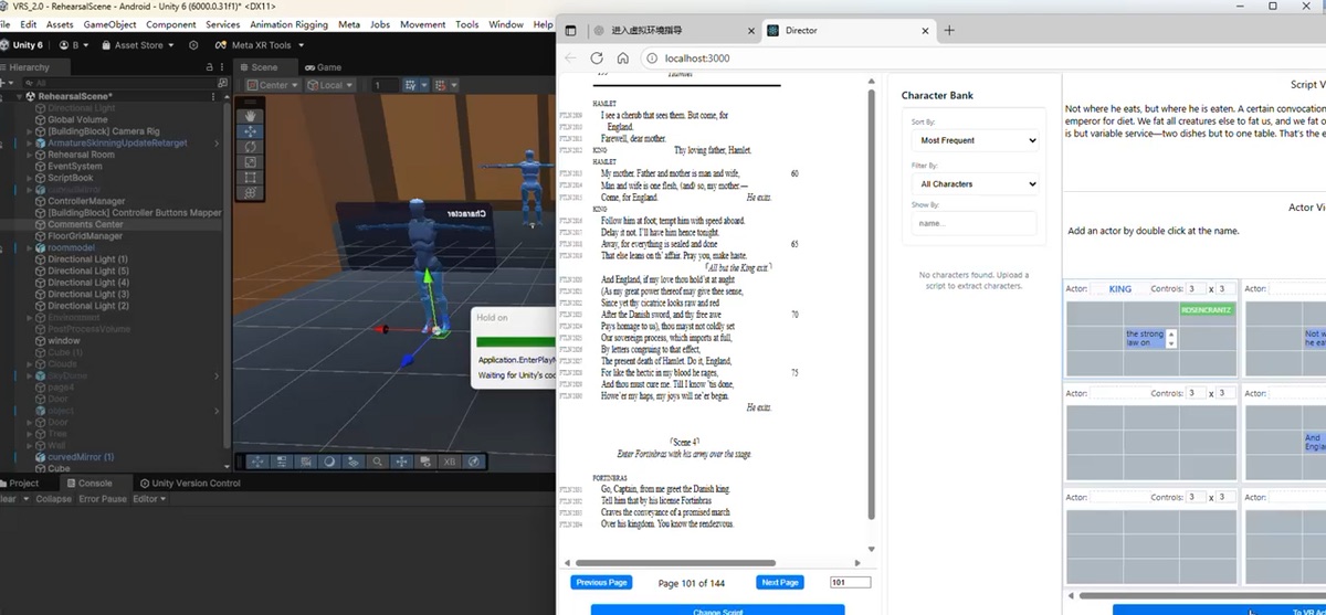Unity VR rehearsal scene with avatars next to the web-based director console showing the script and actor controls